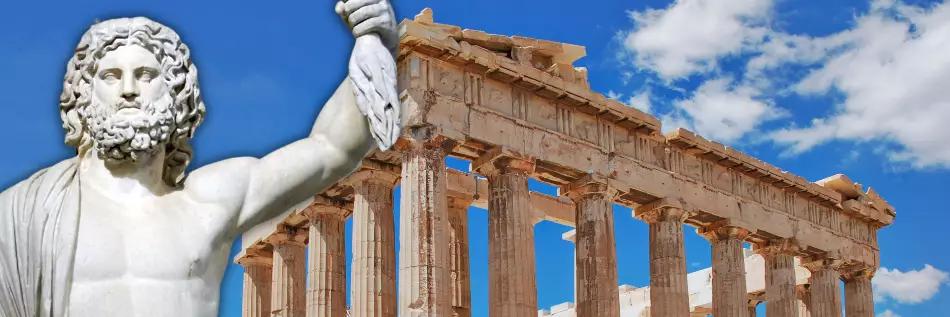 Photo de Zeus et une photo du Parth&eacute;non &agrave; Ath&egrave;nes 