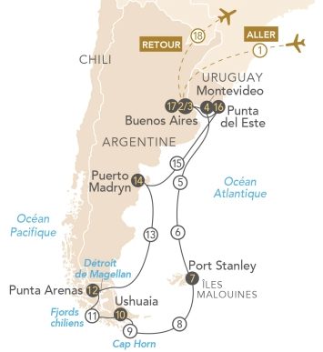 Itinéraire Croisière en Terre de Feu et en Patagonie : Argentine, Chili & Uruguay