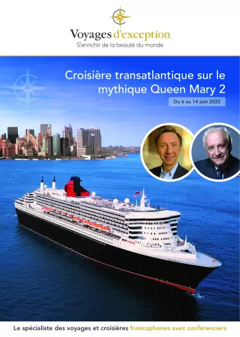 Couverture de la brochure du voyage Transatlantique sur le mythique Queen Mary 2 avec Stéphane Bern